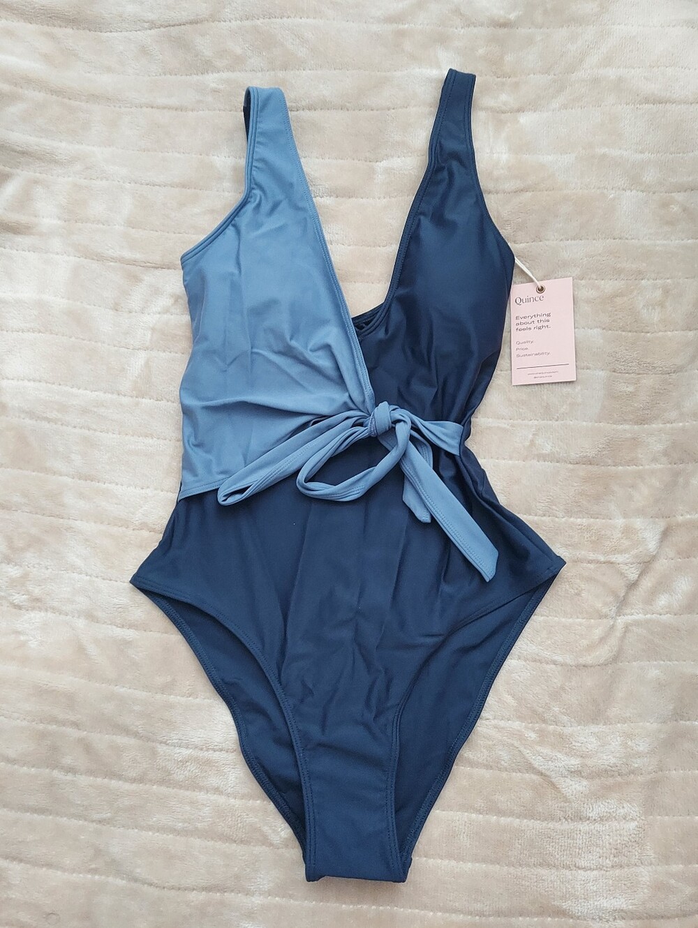 Quince Two-Tone Blue Wrap Tie One-Piece Swimsuit Women Size 4 NWT Feminine - Picture 7 of 7
